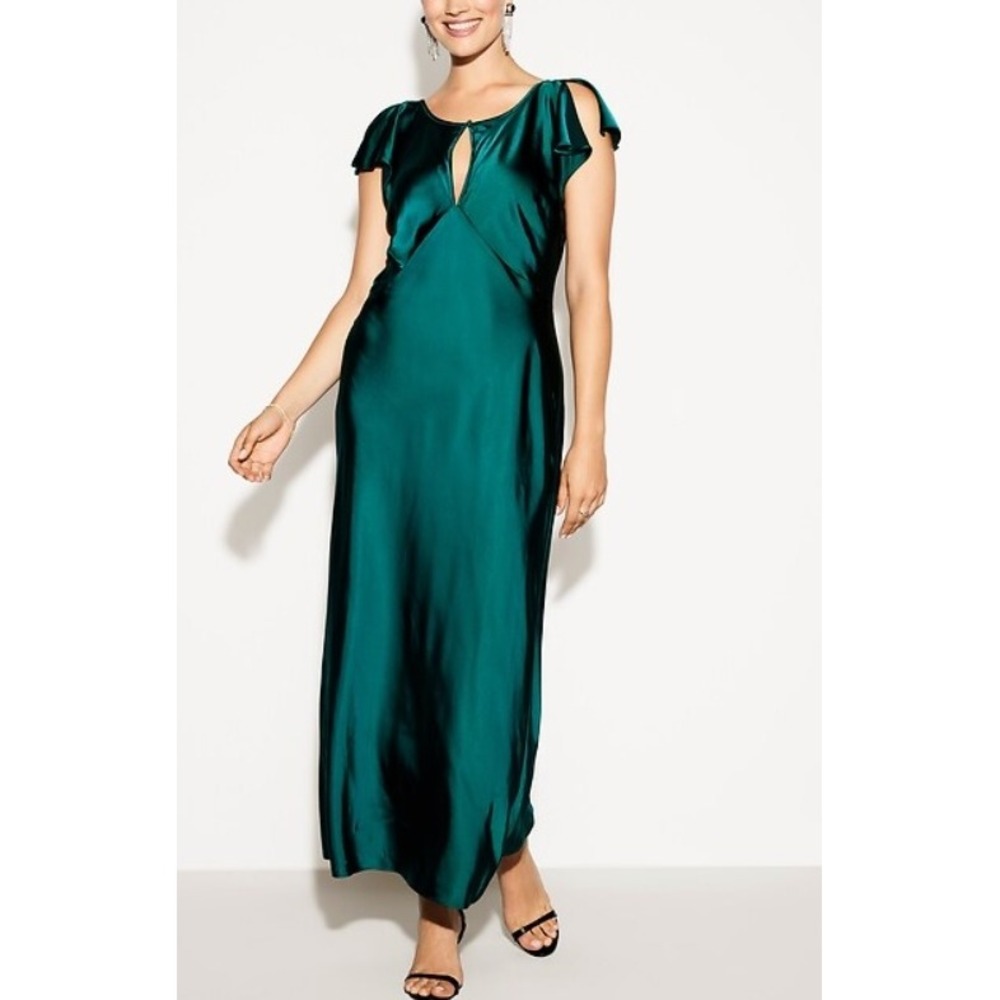 The Occasion By Old Navy Dress Maxi Green Size XXL Flutter-Sleeve Keyhole Satin